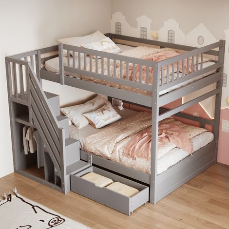 Letto a castello moderno 140x200 cm in legno massello grigio con rete a doghe, scala contenitore e cassetti (1/5)
