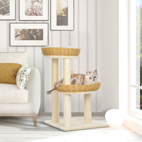 Katzenbaum, Kletterbaum, 75,5 cm hoch, mit zwei Rattan-Katzenbetten, Kratzstämmen, waschbaren Kissen, beige