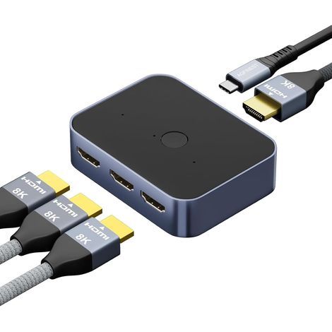 Commutateur HDMI 2.1 Switch 3 Entrées 1 Sortie, 8K 60Hz 4K 120Hz 48Gbps HDMI Switch UHD HDR 3D Compatible avec PS5/Switch/Xbox/Steam Deck/PC/Streaming/HDTV/Moniteur/Projecteur (1/5)