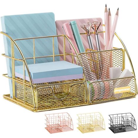 Organiseur de bureau doré, accessoires de bureau en maille, avec 5 compartiments et 1 mini tiroir coulissant (1/5)
