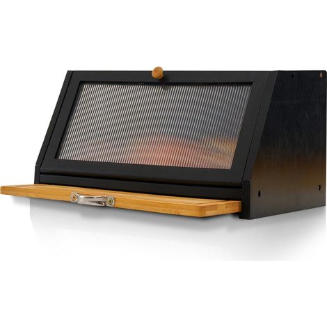 Boîte à pain en bois avec planche à découper, Boîte de rangement en bambou pour pain, sel et poivre - 39 x 25 x 20 cm (L x l x H) - Noir (1/5)