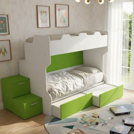 Letto a castello salvaspazio con scala a cassettoni e camminatoio - Bianco e Verde Mela