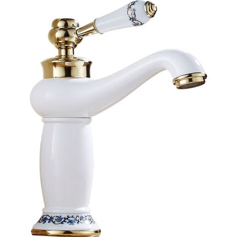 Antique brass basin mixer tap – Blue and white porcelain single-lever tap – Water saving – Vintage floral design (1/5)