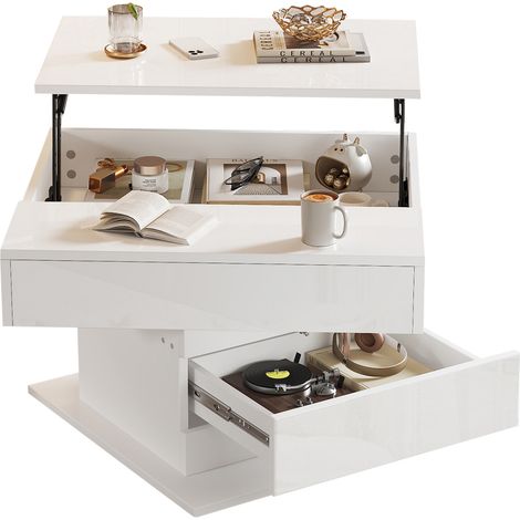 Table basse géométrique 70x70x45 cm, plateau supérieur rotatif à 360°, table relevable avec 1 tiroir, table de salon brillante avec rangement caché, table canapé, blanc