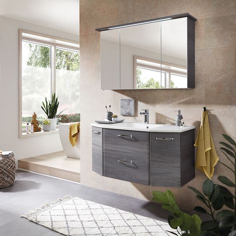 Badezimmer Waschtisch Set mit LED-Spiegelschrank ALINA-66 Graphit Struktur, B/H/T: 115/195/48cm (1/5)