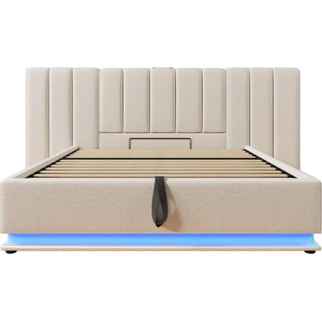 Cama abatible 160x200 cm con LED y carga USB-C, lino beige, con somier, MODENUIT (1/5)