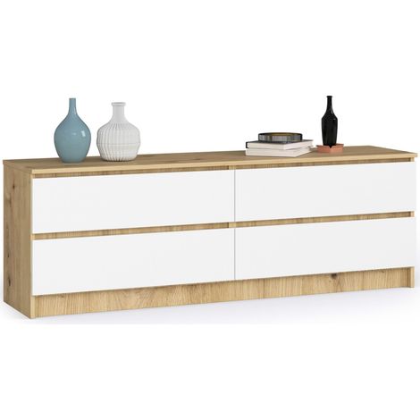 Akord – Commode enfant 160 cm – 4 tiroirs – Panneau stratifié chêne artisan et façade blanche – Dimensions 160x40x55 cm