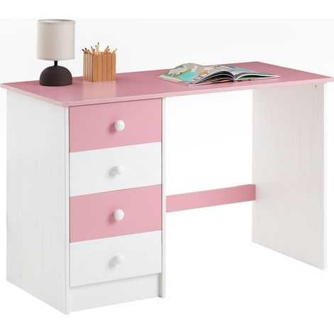 Idimex – Bureau enfant en pin massif lasuré blanc et rose – 4 tiroirs – Dimensions 115 x 54 cm – Idéal pour chambre d'enfant