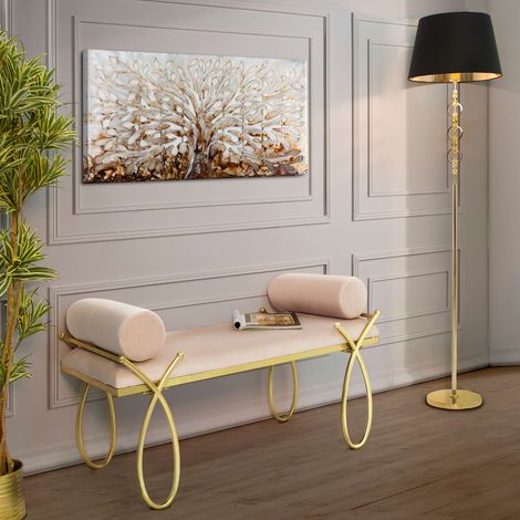 Panca Ennist con 2 cojines, estructura de tela, asiento rosa, 113x49x53h cm, oro (1/5)