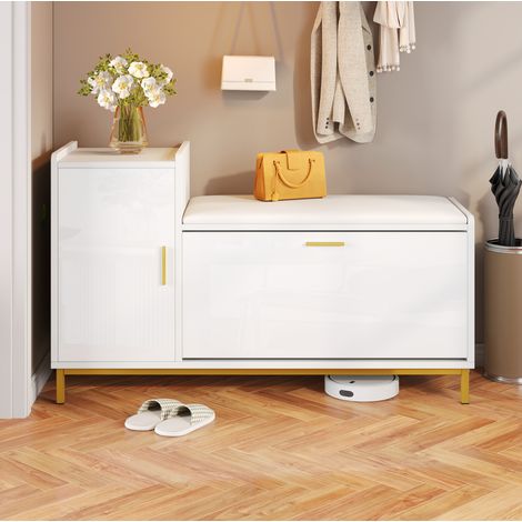 Zapatero con banco (100x38x68 cm), con 2 baldas, 1 armario, asiento acolchado, acabado brillante, metal y tablero, blanco y dorado (1/5)