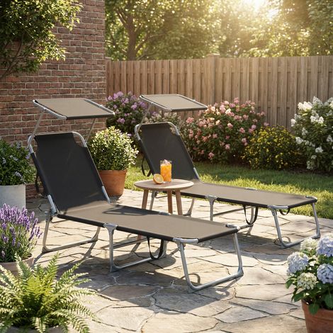Songmics – Transat pliant extérieur avec dossier réglable et pare-soleil – Lot de 2 chaises longues – Tissu respirant et résistant – Structure robuste