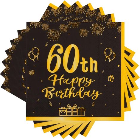 Serviettes D Anniversaire - 40 Pièces Serviettes En Papier Noir Or Pour Fête De 60 Ans - Décoration De Table - 33 Cm X 33 Cm (1/5)