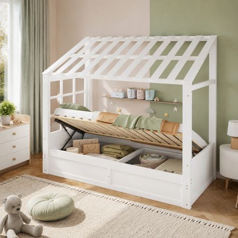 CHICFURN Letto a casetta per bambini 90x200 cm bianco con contenitore idraulico e mensole (1/5)