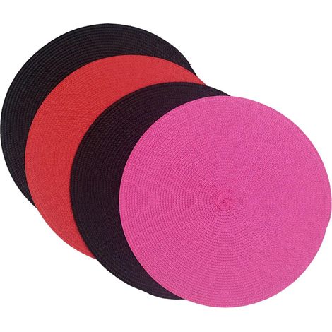 Lot de 4 sets de table ronds en plastique tissé 38 cm, élégants et pratiques, 2 noirs + 1 rouge + 1 rosé'Noirs'Noirs'- (1/3)