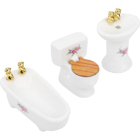 Ensemble de salle de bain miniature pour maison de poupée à l'échelle 1/24, baignoire, toilettes et lavabo en céramique, kit Rose (1/5)