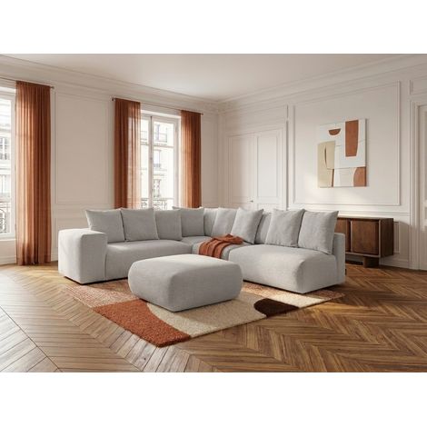 BOBOCHIC - Canapé d'angle fixe modulable VOLTAIRE avec 2 chauffeuses 2 places, 1 angle et 1 chauffeuse 1 place tissu chiné avec pouf Angle gauche  Gris clair (1/5)