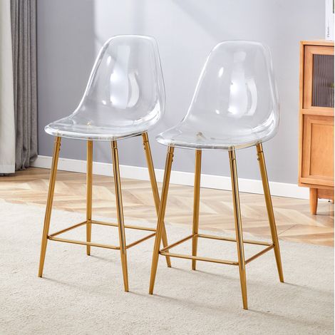 Chaise de bar, en plastique et métal, avec dossier et repose-pieds, style moderne, doré (1/5)