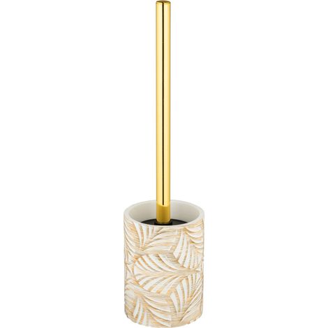 Porte brosse WC Terralba WENKO, Tête remplaçable en silicone, Surface motif feuilles avec reflet doré, Manche inox doré, Polyrésine, 9x36cm, Or et Beige (1/5)