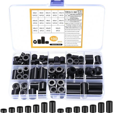 100 Pièces Entretoise Plastique M6 M8, Rondelles Rondes en Nylon, Rondelles d'espacement Rondes, Rondelle Isolantes non Filetées Assortiment pour Vis Circuits Imprimés(Noir) (1/5)