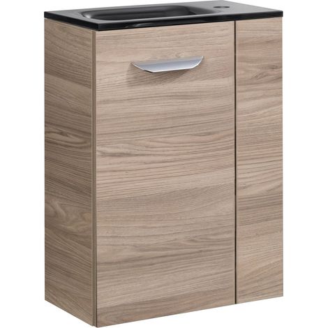 Fackelmann LUXOR SBC Gäste-WC Set 2 Teile – Waschtischunterschrank in Holz Braun mit Waschbecken aus Glas in Anthrazit – Waschbeckenunterschrank schmal – Türanschlag links – 45 cm breit"-"90080145 (1/4)