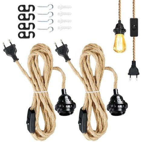 2 Pièces Lustre Corde de Chanvre, Lustre Corde 4.5 Mètres, Kit de Suspension Luminaire avec Douille E27 Interrupteur, Vintage DIY Lumière Pendante pour Industrielle,Bar,Maison,Lampe Créative (1/5)