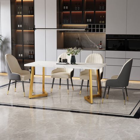 Mesa comedor 117 x 68 x 75 cm en MDF efecto mármol, patas de hierro doradas, blanco y dorado DESVIAE (1/5)
