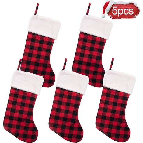 Calcetines Navidad - Calcetín Navideño Cuadros Rojo Negro 42 cm x 23 cm con Puño de Felpa para Decoración Familiar - 4 Unidades (1/5)