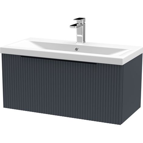 Fluted Front Wall Hung 1-Drawer Bathroom Vanity Unit with 1 Tap Hole Basin, 800mm, Satin Dark Grey, Black Handles