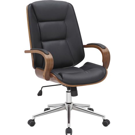 Sedia da ufficio con rotelle e braccioli in similpelle nera struttura in legno curvato e metallo 100006939