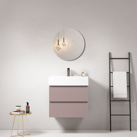 Mobile bagno sospeso cannettato 60 cm Rosa Retro Lavabo in Resina Specchio Tondo - Fiji Paint (1/4)