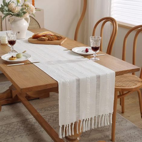 Tischläufer in Creme-Beige, Boho-Stil mit Quasten, rustikaler Landhausstil für Esszimmer, Partys, Feiertage, Esszimmer, Kommode, 38 x 183 cm, Beige (1/5)