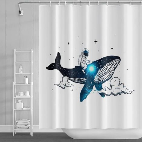 165x183cm Baleine Rideau de Douche Astronaute Équitation Baleine Univers Planète Rideau de Bain Mignon Astronaute Blanc Rideau de Baignoire Tissu Étanche pour Salle de Bain avec Crochets (1/5)