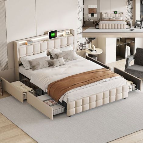 Cama 160x200 cm con LED y 4 cajones, cama Queen 160x200 cm con somier de lamas y carga USB, cama de adulto de tela de lino, beige