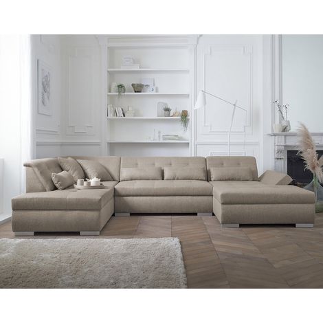 Lisa Design – Canapé d'angle panoramique 7 places – Revêtement tissu 100% polyester – Accoudoirs réglables – Dimensions L335xH77xP197 cm