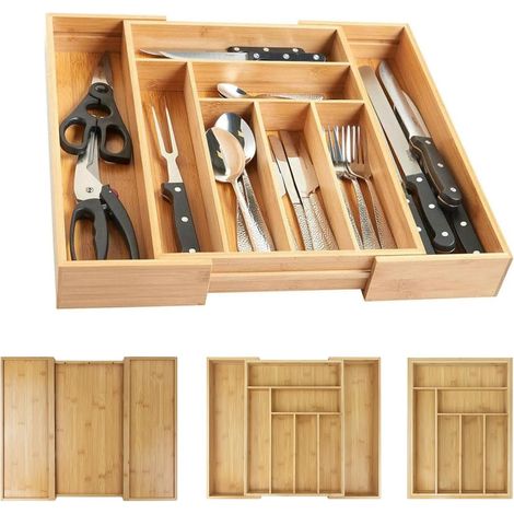 Plateau de vaisselle, organisateur de tiroir de vaisselle en bambou 32-52 x 43 x 5 cm, diviseur de vaisselle 6-8 grilles, support de plateau extensible pour ustensiles de cuisine, boîte de rangement r