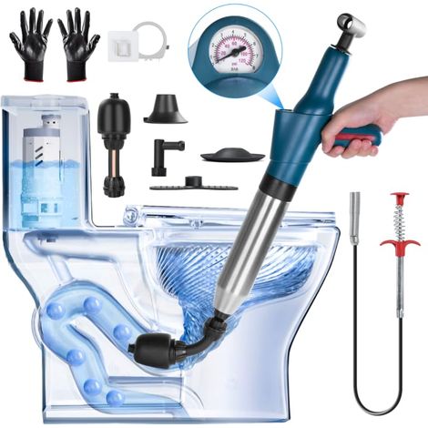 Déboucheur WC, Déboucheur de canalisations avec manomètre et pompe à air comprimé, 4 ventouses anti-éclaboussures avec crochet et spirale, pour toilettes, lavabos, baignoire, douche (1/5)