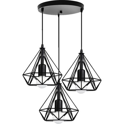Lampes Suspendues Rétro Noires 20CM Suspension Luminaire En Forme De Diamant 3 Lumières Plafonnier Vintage E27 Lustre Modernes (1/5)