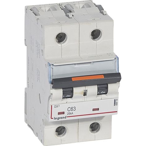Disjoncteur DX³ 25kA arrivée haute et départ bas à vis 2 Pôles 230V à 400V 63A courbe C 3 modules LEGRAND 409774 (1/2)
