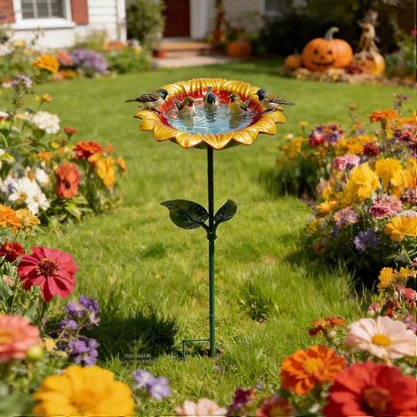 Piquet de jardin en fer forgé en forme de tournesol pour bain d'oiseaux, mangeoire à oiseaux à planter dans le sol en métal résistant aux intempéries, ornement décoratif pour pelouse extérieure (1/5)