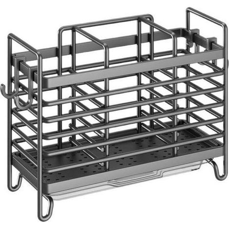 Porte-couverts à 3 compartiments avec égouttoir, panier à ustensiles de cuisine et égouttoir en acier inoxydable (1/4)
