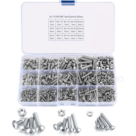 Vis À Tête Ronde - Vis À Six Pans Creux M3 M4 M5 En Acier Inoxydable 304 - Assortiment De Vis Et Écrous Pour Assemblage Mécanique - 520 Pièces (1/5)