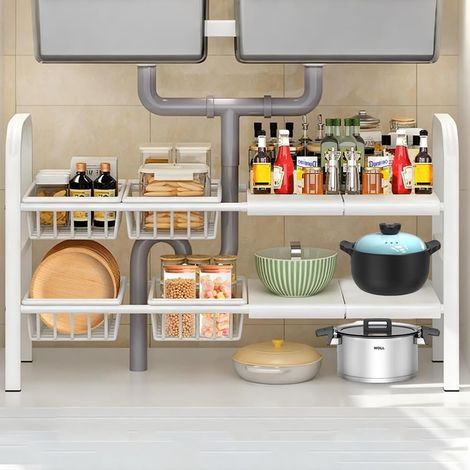 Organisateur de cuisine à 2 étages extensible avec 4 paniers de rangement et 4 étagères (amovibles) pour cuisine, salle de bain, produits de nettoyage, détergent (blanc) (1/5)