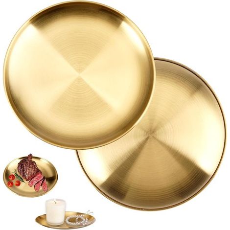 Bandeja redonda - 20 cm - Dorada - Paquete de 2 - Plato decorativo - Bandeja redonda dorada - Acero inoxidable - Ideal para el hogar, la cocina y el camping. (1/5)