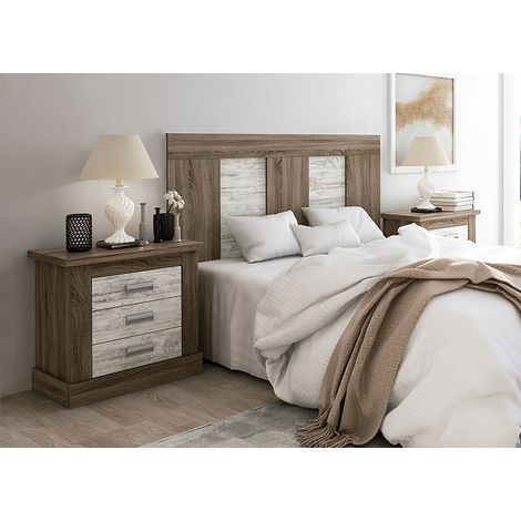 Ensemble tête de lit + 2 tables de chevet coloris Chêne truffé,blanc vieilli -PEGANE- (1/4)