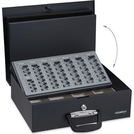 Caisse à monnaie avec monnayeur amovible 10,5 x 36 x 27,5 cm ergonomique pour transport facile en acier noir (1/4)