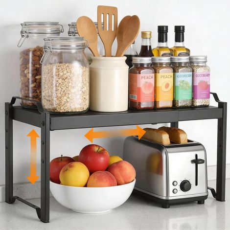 Etagere Placard, 32-53 cm Etagere Cuisine Extensibles, Etagere Rangement Cuisine pour Plan de Travail, Rangement Placard à 3 Réglages de Hauteur, Rangement Peu Encombrante (Noir) (1/5)