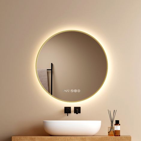 EMKE LED-Badspiegel Rund Ø60 cm, Badezimmerspiegel mit Anti-Beschlag, 3 Lichtfarben, Dimmbar, Uhr- & Temperaturanzeige, Touch-Schalter Gold (1/5)
