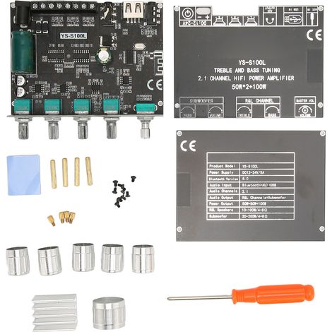 Carte Amplificateur Bluetooth 2.1 Canaux 100W avec Module Subwoofer Sans Fil et Contrôles Grave/Aigu 12‑24V