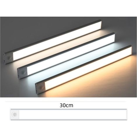 Lampe à détection de mouvement ultra-mince rechargeable argentée 30cm, changement de 3 couleurs, bande LED magnétique auto-adhésive pour armoire, placard, cave à vin, veilleuse intelligente sans fil (1/5)