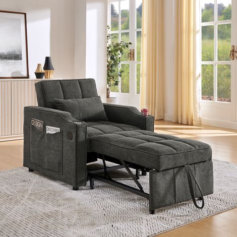 Sofá cama 3 en 1 gris oscuro 190 cm con USB, USB-C y reposabrazos con portavasos (1/5)
